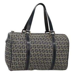 FENDI Zucchino Canvas Boston Bag Navy Silver Auth 120038